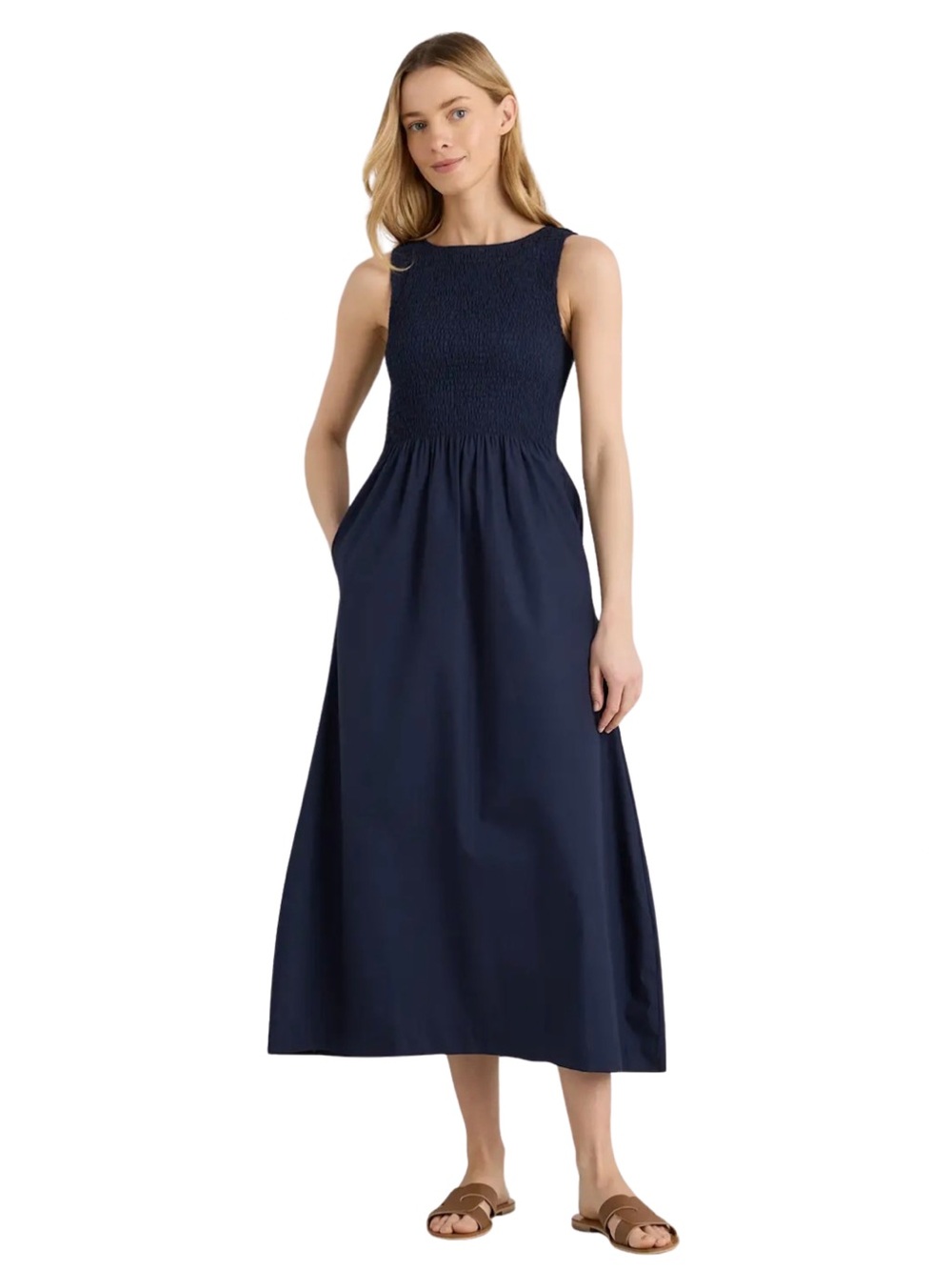 Organic Cotton Poplin Boat Neck Maxi Dress Navy Size L Sustainable Classic